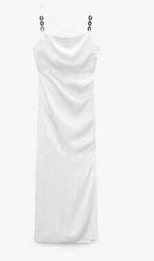 Zara White Satin Effect Spaghetti Strap Maxi / Midi Dress Side Slit XS